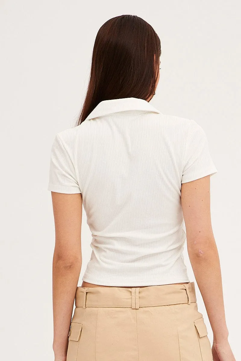 White Collared Top Short Sleeve Button Up Rib Jersey sold by Ally Fashion product image thumbnail 5