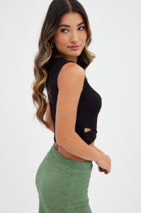 Black Crop Top Sleeveless Round Neck Cut Out Rib Jersey sold by Ally Fashion