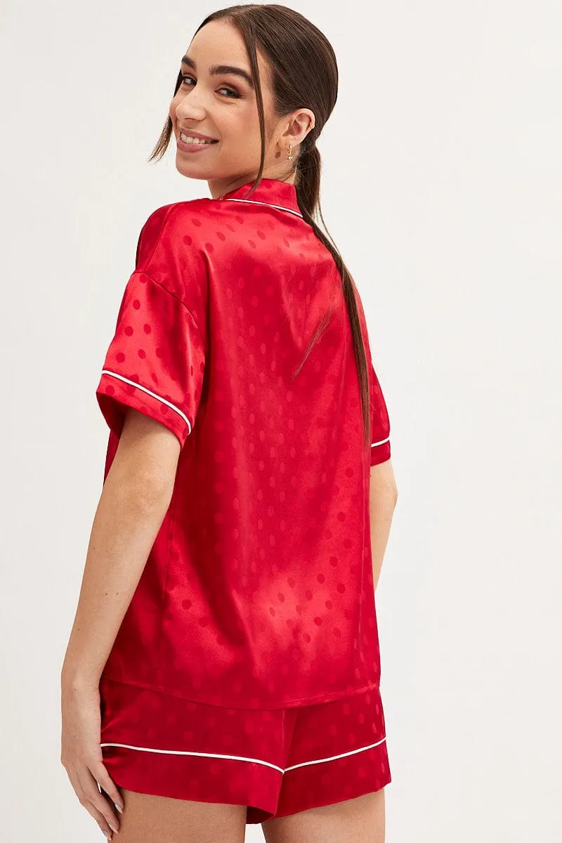 Red Polka Dot Pyjamas Set Short Sleeve Collared Shorts Satin sold by Ally Fashion product image thumbnail 5