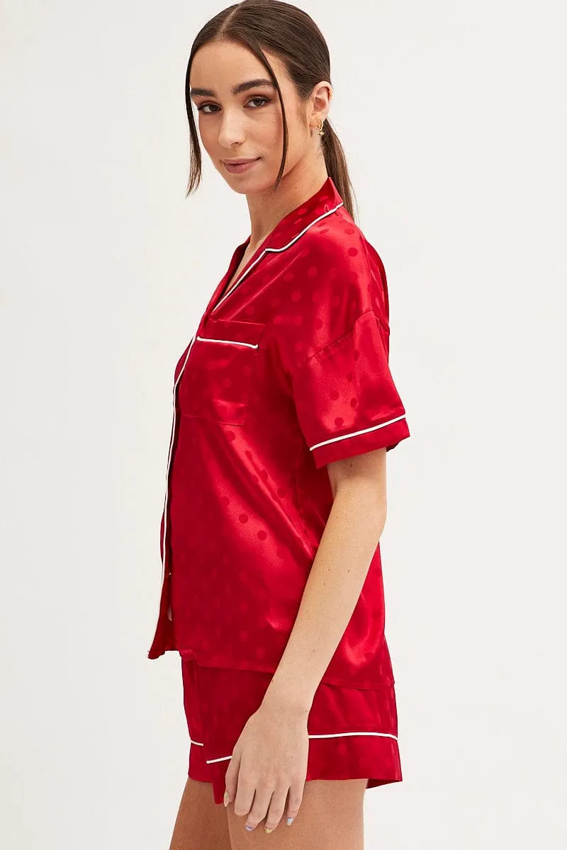 Red Polka Dot Pyjamas Set Short Sleeve Collared Shorts Satin sold by Ally Fashion product image thumbnail 4