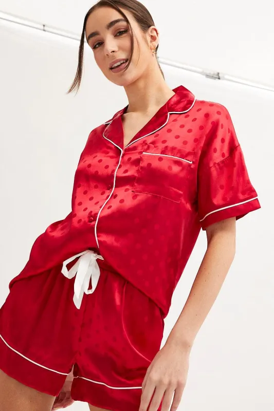 Red Polka Dot Pyjamas Set Short Sleeve Collared Shorts Satin sold by Ally Fashion