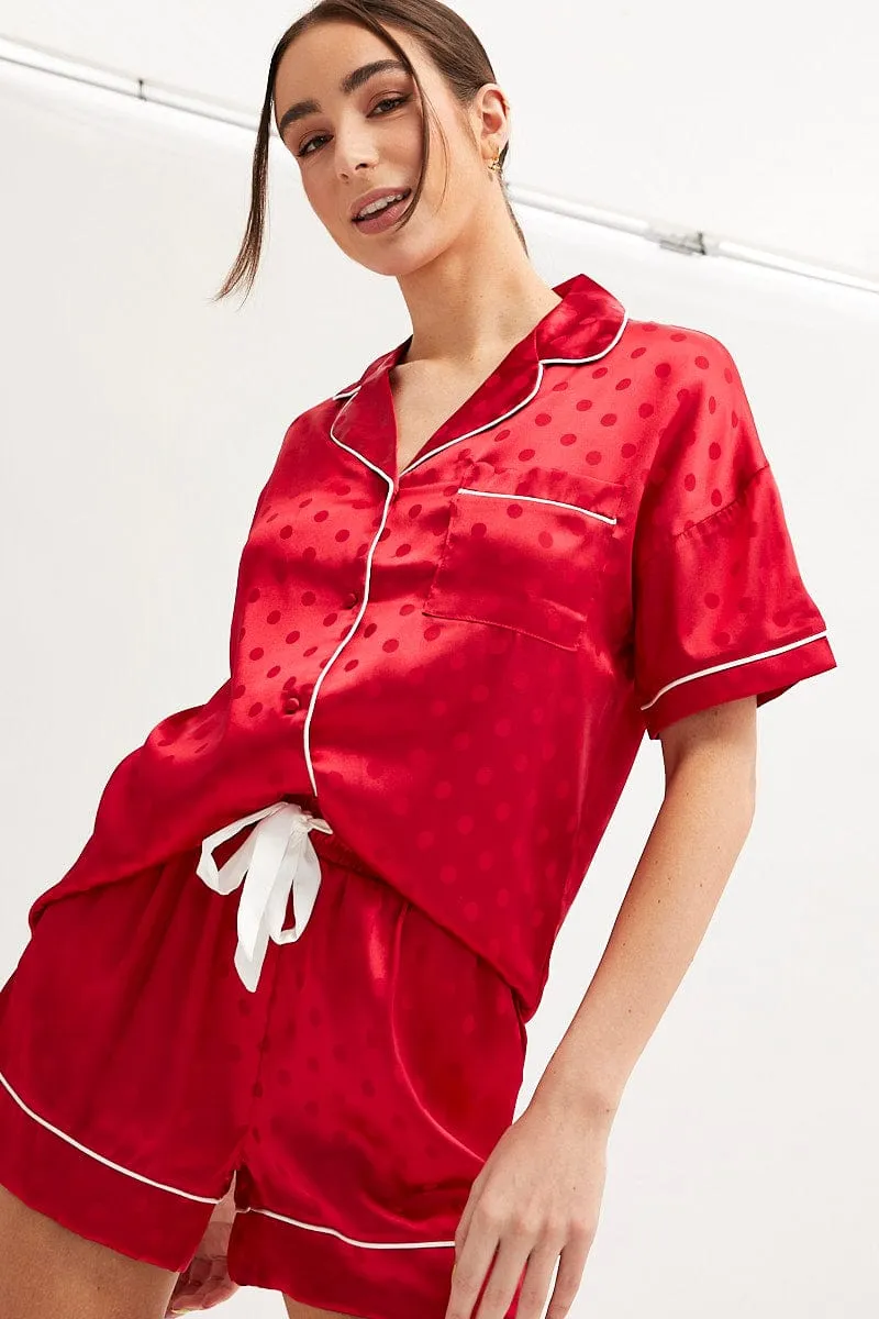 Red Polka Dot Pyjamas Set Short Sleeve Collared Shorts Satin sold by Ally Fashion