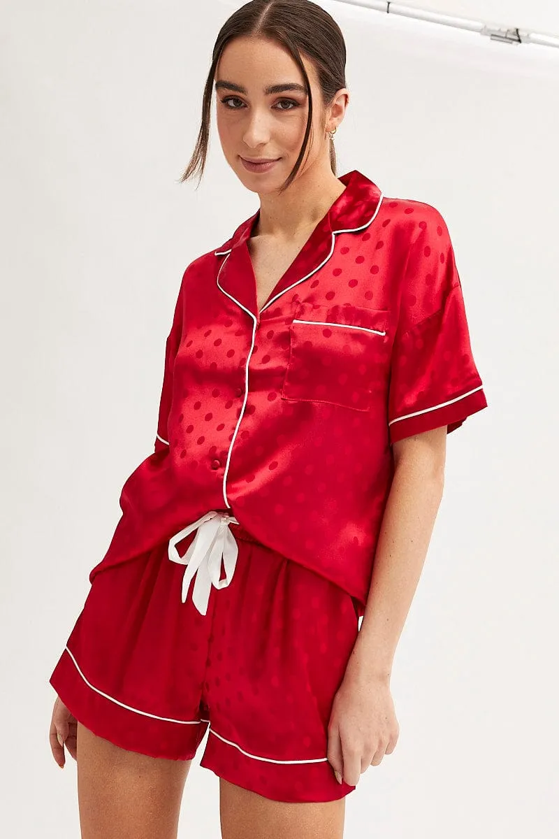 Red Polka Dot Pyjamas Set Short Sleeve Collared Shorts Satin sold by Ally Fashion product image thumbnail 3