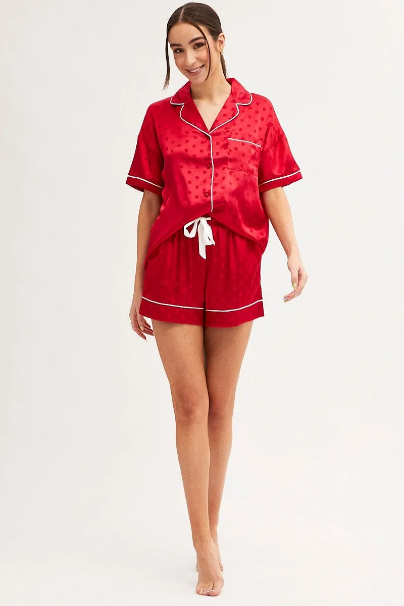 Red Polka Dot Pyjamas Set Short Sleeve Collared Shorts Satin sold by Ally Fashion product image thumbnail 2