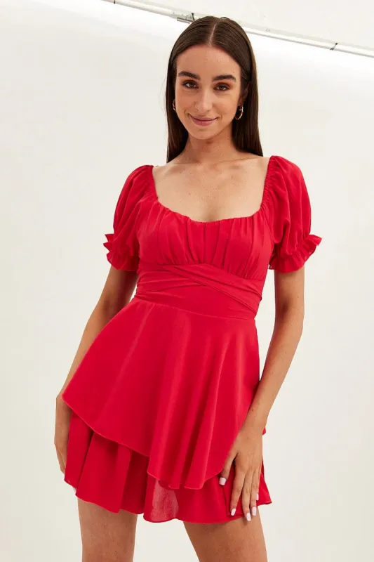 Red Playsuit Short Sleeve V Neck Tie Waist sold by Ally Fashion