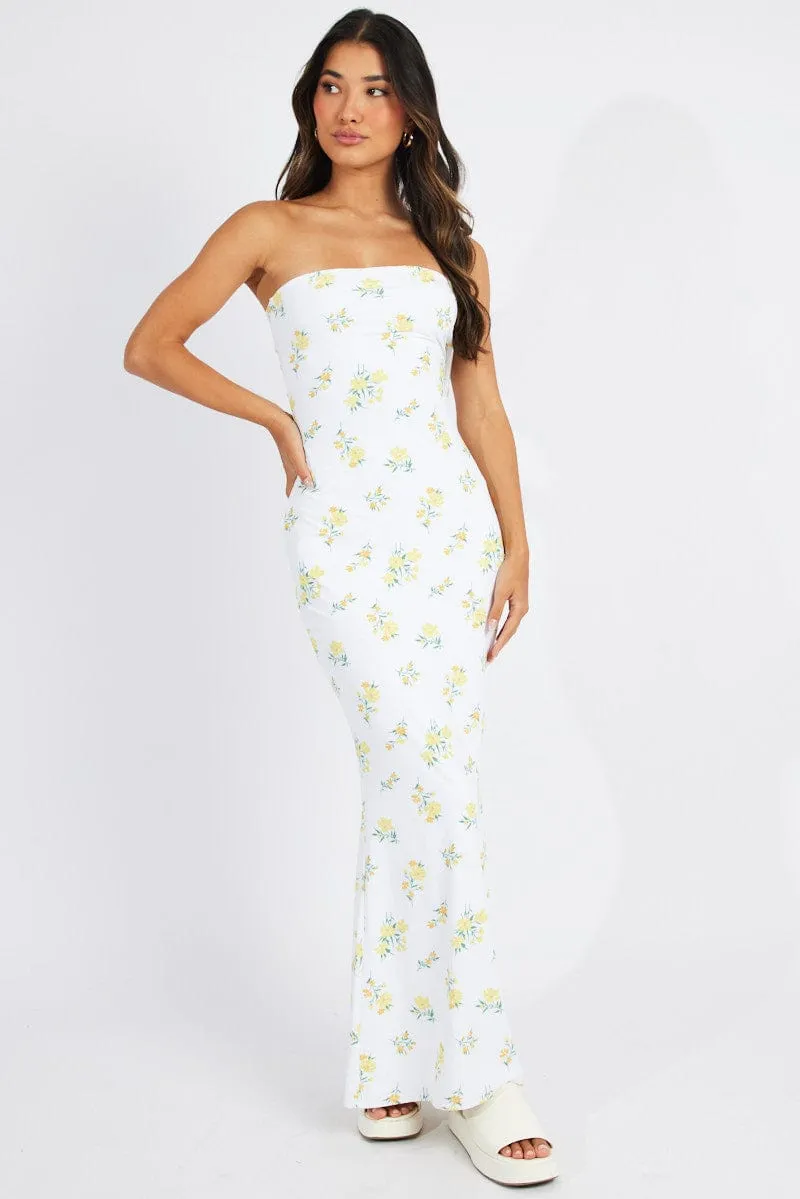 White Floral Bandeau Maxi Dress Bouquet Flower Dress sold by Ally Fashion