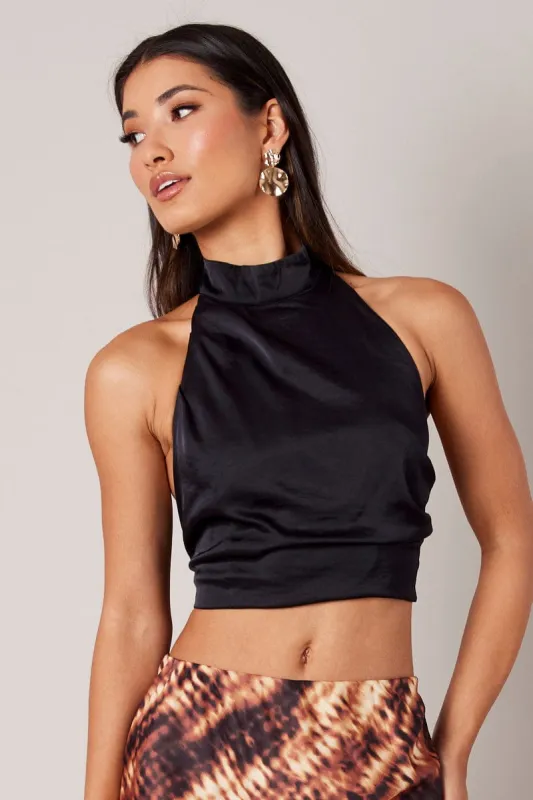 Black High Neck Top Sleeveless Tie Back Satin sold by Ally Fashion