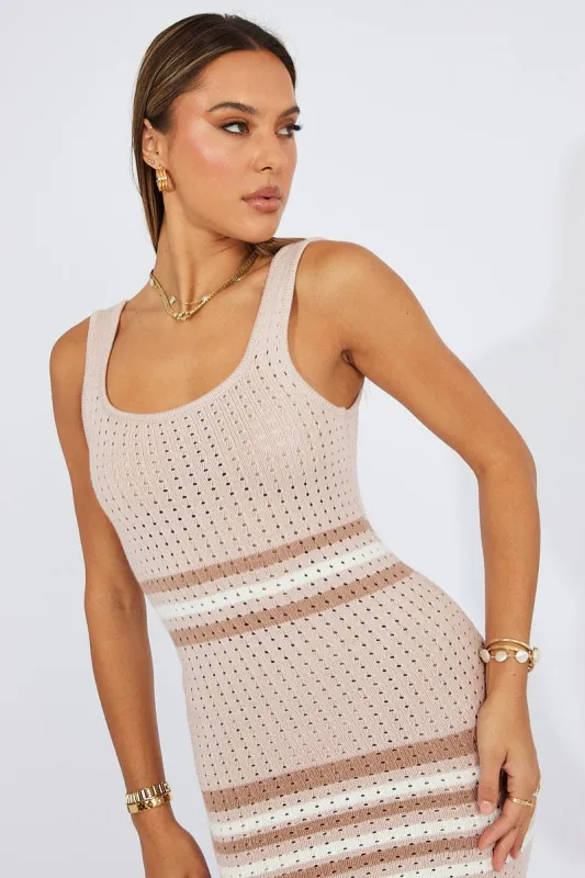 White Stripe Knit Dress Sleeveless Midi sold by Ally Fashion
