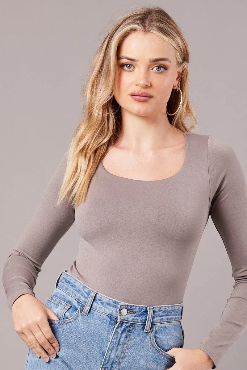 Brown Bodysuit Long Sleeve Square Neck Seamless sold by Ally Fashion product image thumbnail 4