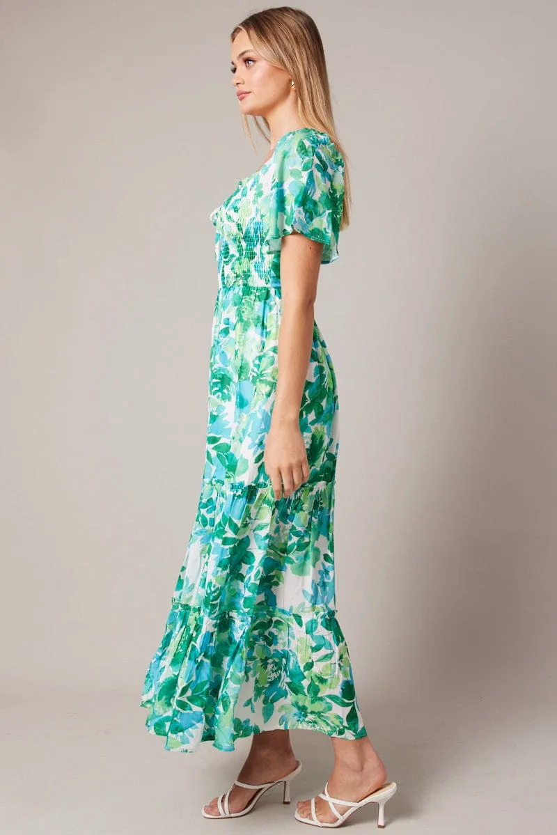 Green Floral Maxi Dress Short Sleeve Shirred sold by Ally Fashion product image thumbnail 4