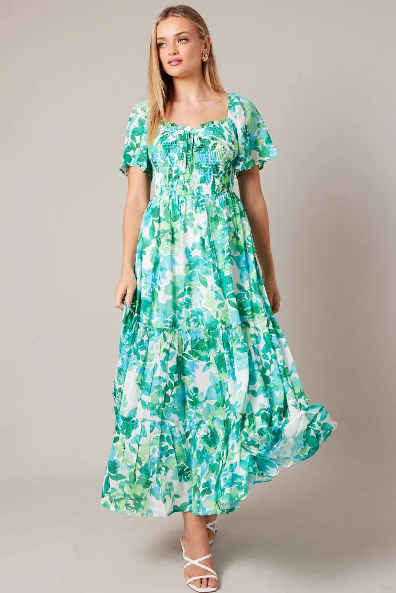 Green Floral Maxi Dress Short Sleeve Shirred sold by Ally Fashion