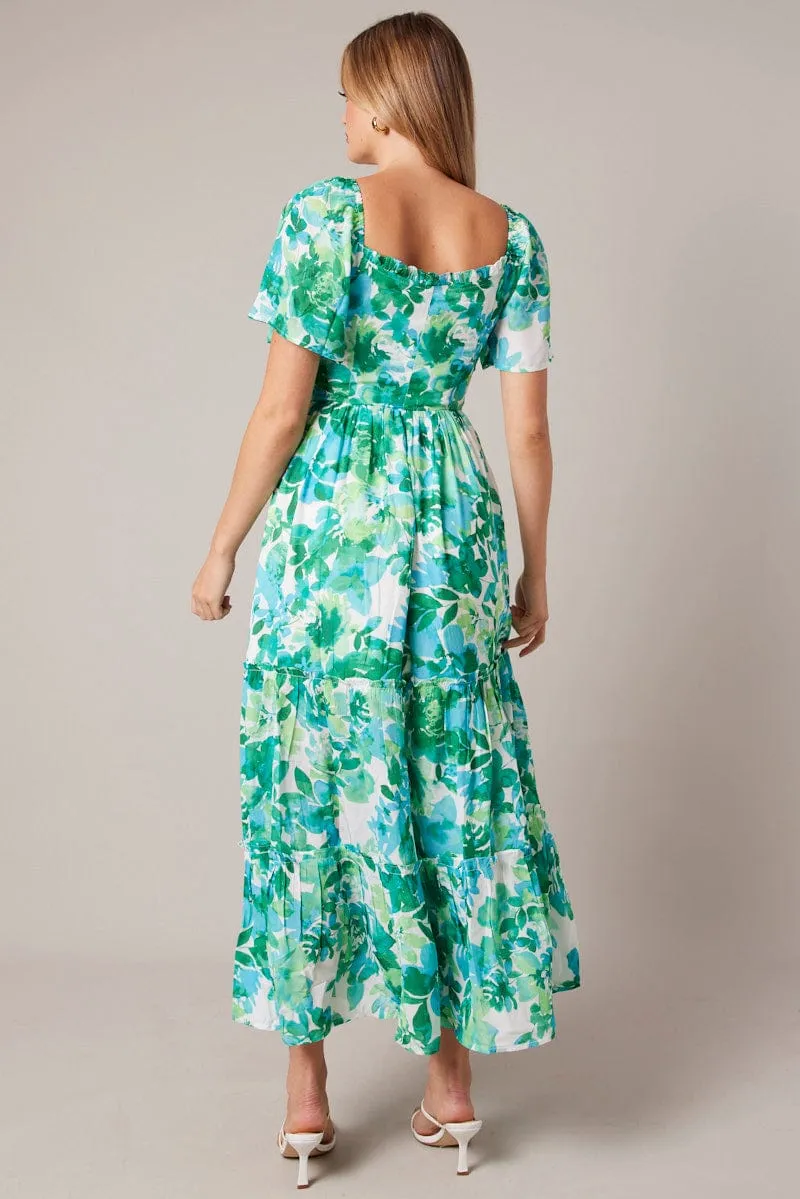 Green Floral Maxi Dress Short Sleeve Shirred sold by Ally Fashion product image thumbnail 5