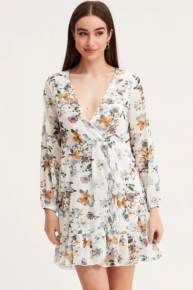 Print Mini Dress Long Sleeve V Neck sold by Ally Fashion