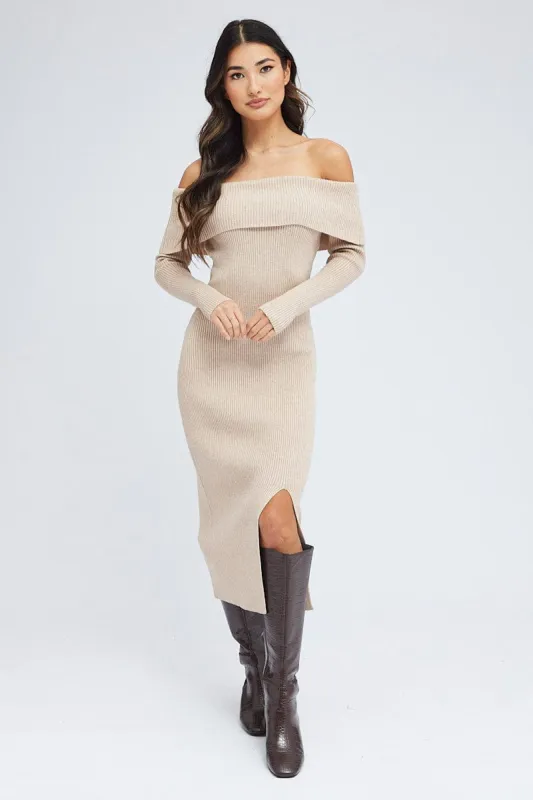Camel Midi Dress Long Sleeve Off Shoulder Bardot Knit sold by Ally Fashion