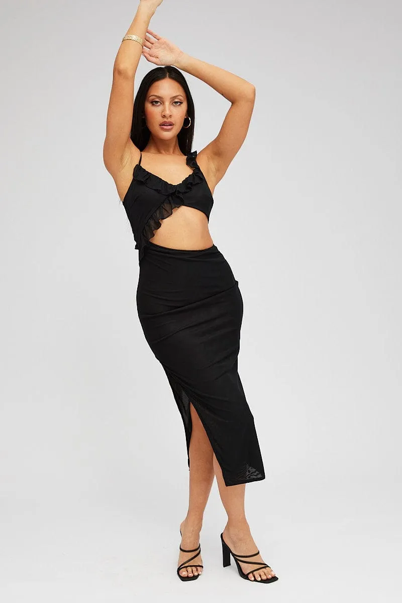 Black Midi Dress Asymmetric Ruffle Cut Out sold by Ally Fashion