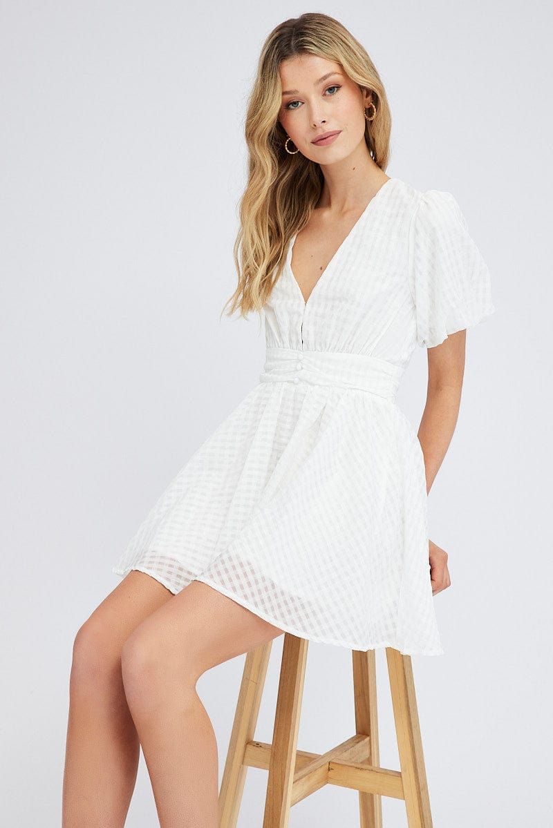 White Fit And Flare Dress Puff Sleeve Mini sold by Ally Fashion