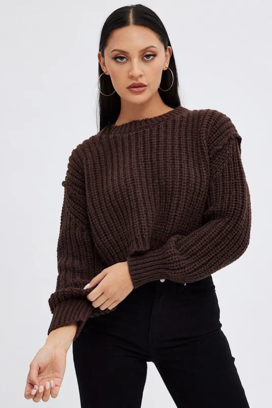 Brown Knit Top Round Neck Long Sleeve Crop made by Ally Fashion