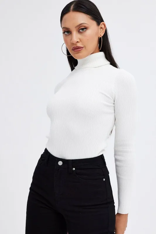 White Knit Top High Neck Long Sleeve sold by Ally Fashion