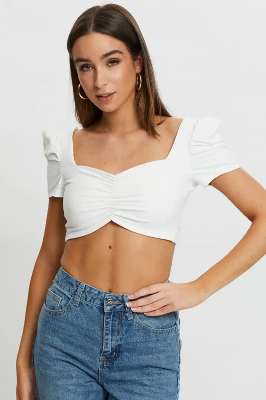 White Puff Sleeve Tie Back Top sold by Ally Fashion