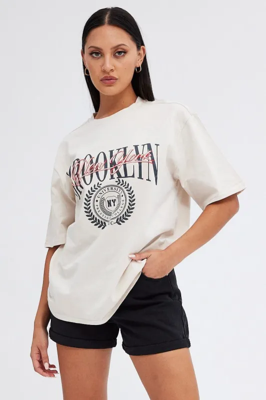 Beige Graphic Tee Short Sleeve Crew Neck sold by Ally Fashion