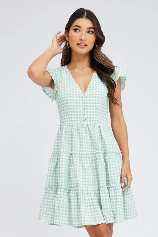 Green Check Fit and Flare Dress Short Sleeve Tiered sold by Ally Fashion