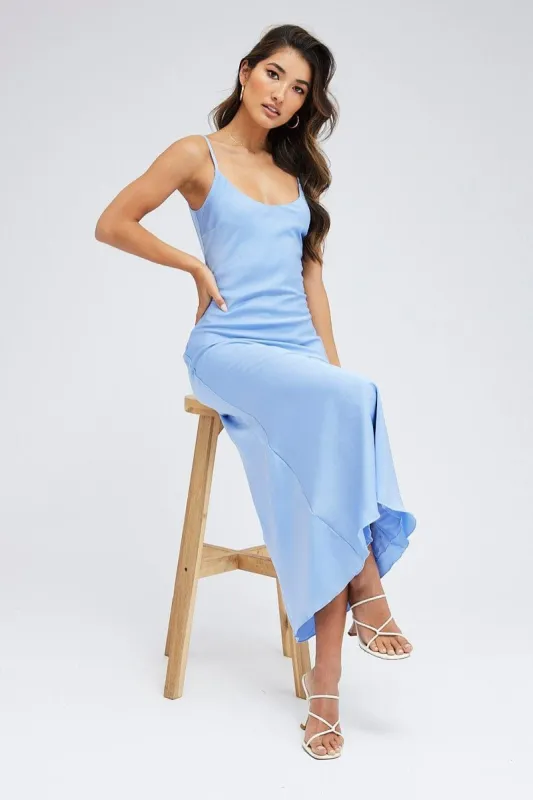 Blue Maxi Dress Sleeveless Scoop Neck Fit & Flare Satin sold by Ally Fashion