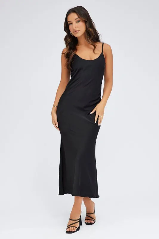 Black Maxi Dress Sleeveless Scoop Neck Fit & Flare Satin sold by Ally Fashion