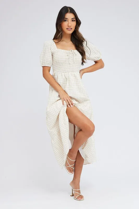 Beige Check Maxi Dress Short Sleeve Shirred sold by Ally Fashion