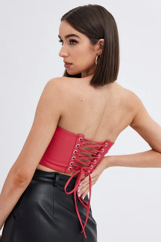 Red Lace Up Corset Faux Leather sold by Ally Fashion