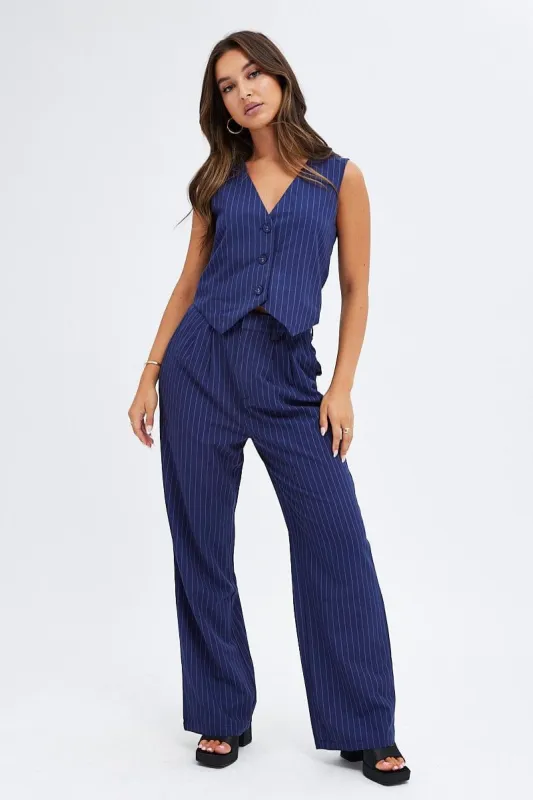 Blue Stripe Wide Leg Pants High Rise Pleated sold by Ally Fashion
