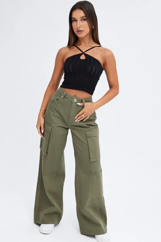 Green Cargo Jeans Wide Leg Mid Rise sold by Ally Fashion