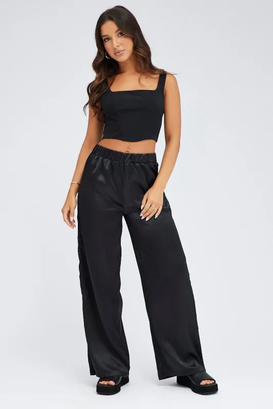 Black Wide Leg Pants High Rise Satin sold by Ally Fashion