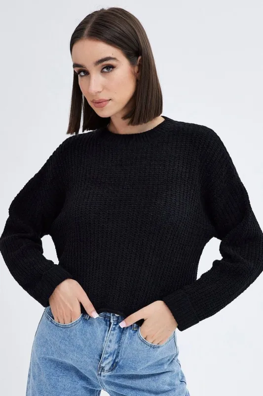 Black Knit Jumper Round Neck Chenille sold by Ally Fashion