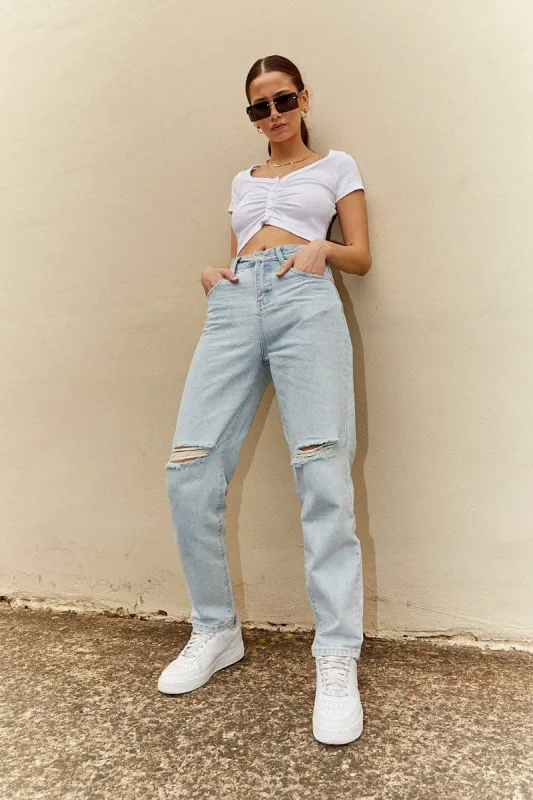 Blue High Rise Mom Denim Jeans sold by Ally Fashion