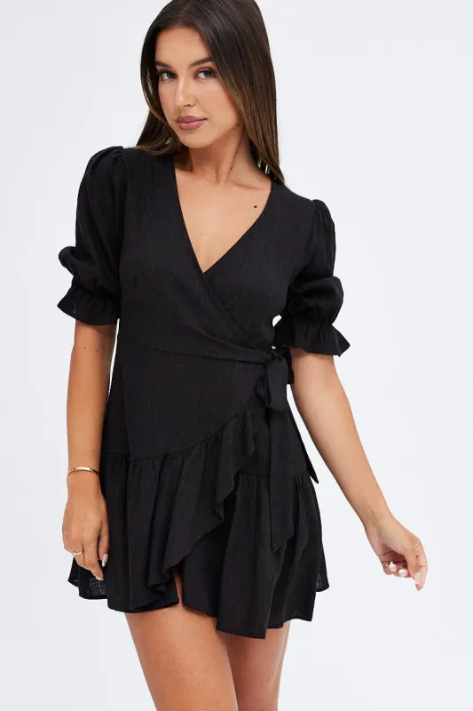 Black Fit And Flare Dress Puff Sleeve Linen Blend sold by Ally Fashion