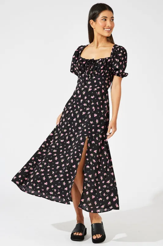 Black Floral Midi Dress Puff Sleeve Midi sold by Ally Fashion