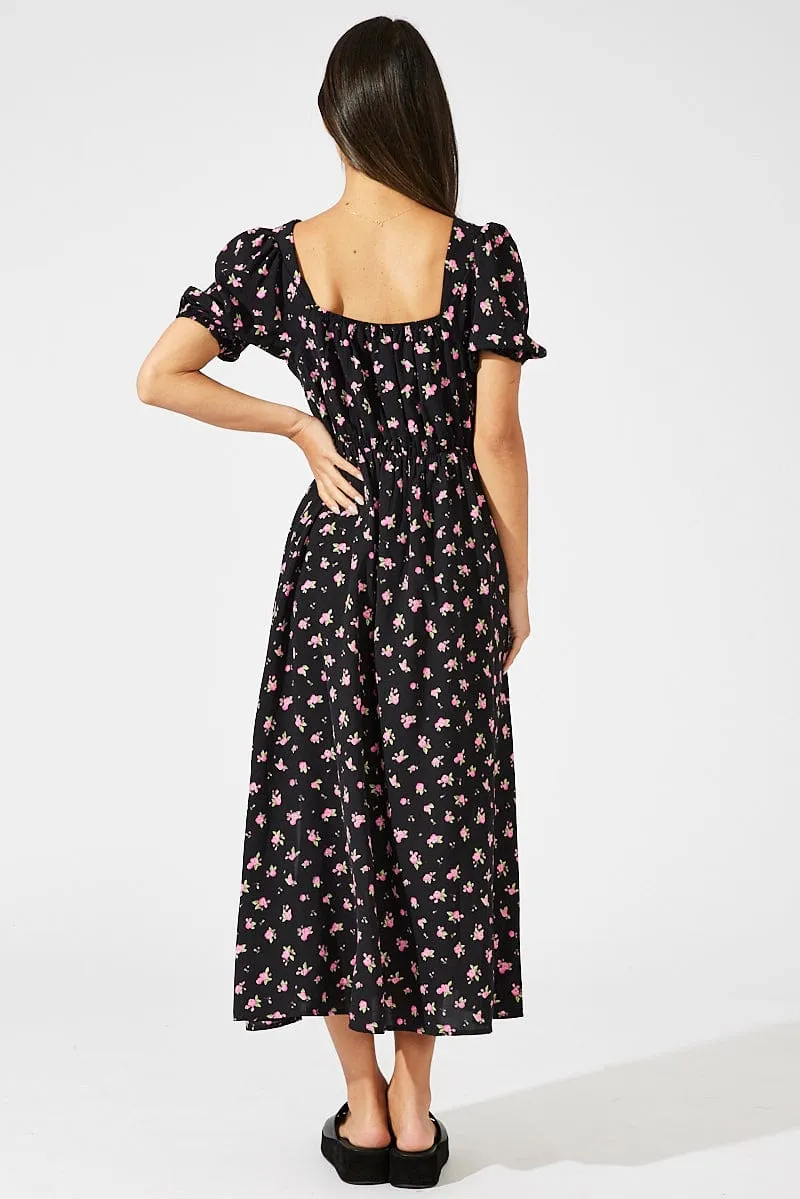 Black Floral Midi Dress Puff Sleeve Midi sold by Ally Fashion product image thumbnail 5