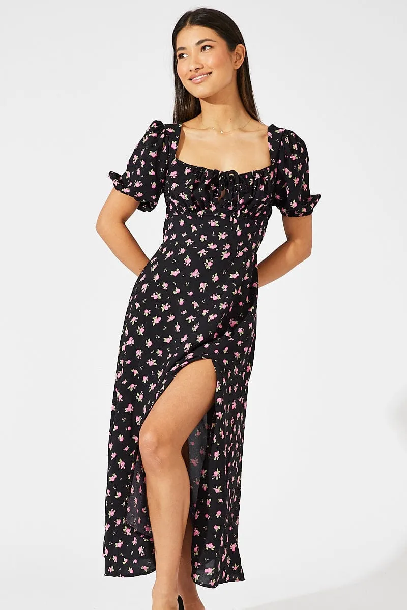 Black Floral Midi Dress Puff Sleeve Midi sold by Ally Fashion product image thumbnail 2