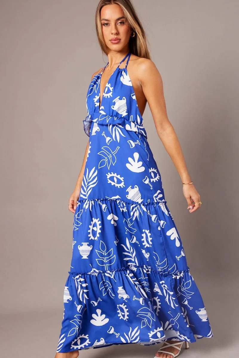 Blue Abstract Maxi Dress Halter Neck Tiered Ruffle Dress sold by Ally Fashion product image thumbnail 3