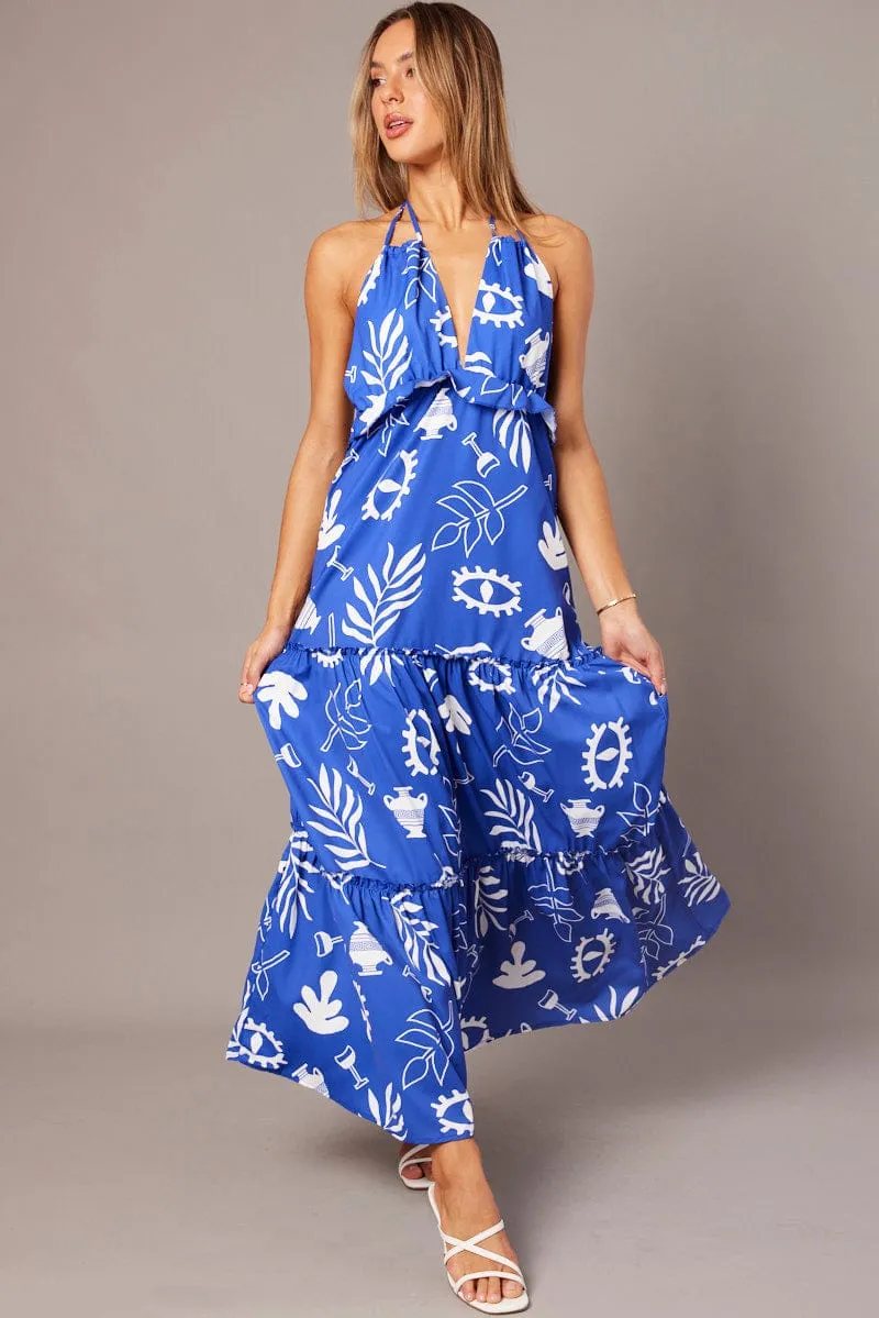 Blue Abstract Maxi Dress Halter Neck Tiered Ruffle Dress sold by Ally Fashion