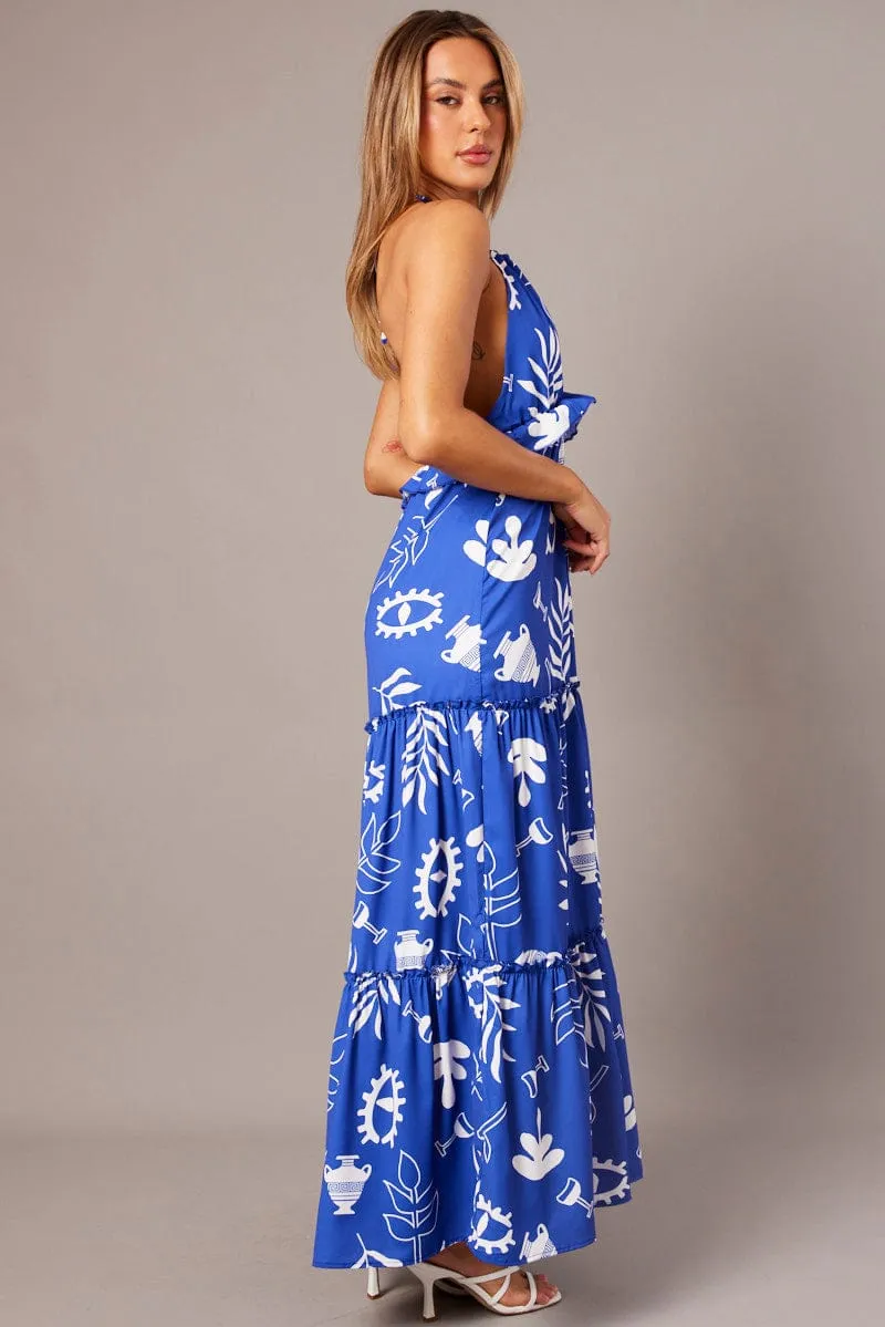 Blue Abstract Maxi Dress Halter Neck Tiered Ruffle Dress sold by Ally Fashion product image thumbnail 4