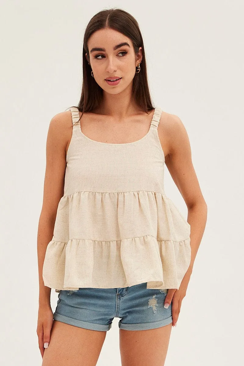 Beige Tiered Top Sleeveless Scoop Neck Linen Blend sold by Ally Fashion product image thumbnail 3