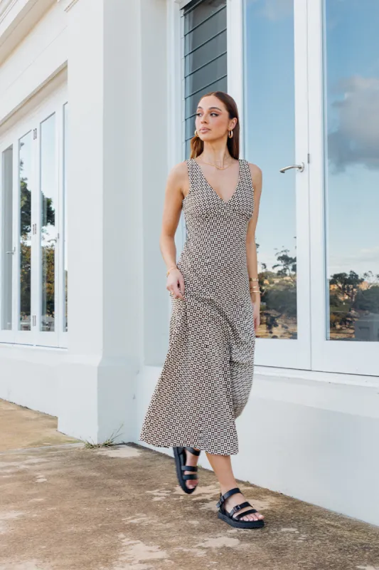 Brown Geo Midi Dress V Neck Sleeveless sold by Ally Fashion