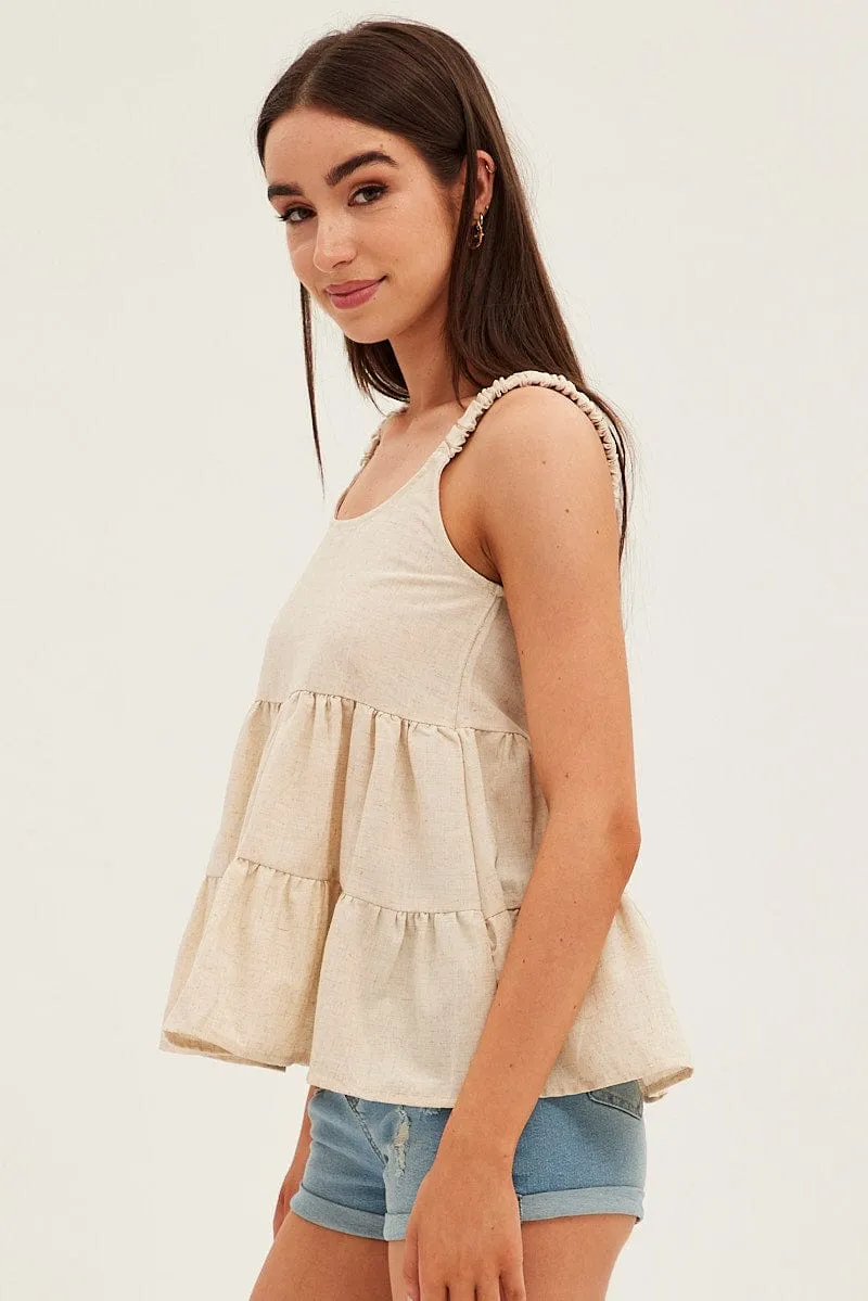 Beige Tiered Top Sleeveless Scoop Neck Linen Blend sold by Ally Fashion product image thumbnail 4