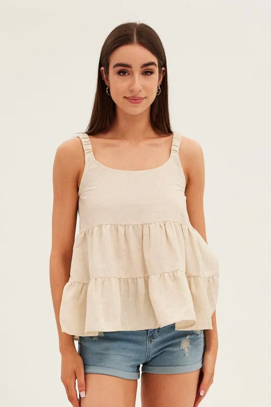 Beige Tiered Top Sleeveless Scoop Neck Linen Blend sold by Ally Fashion
