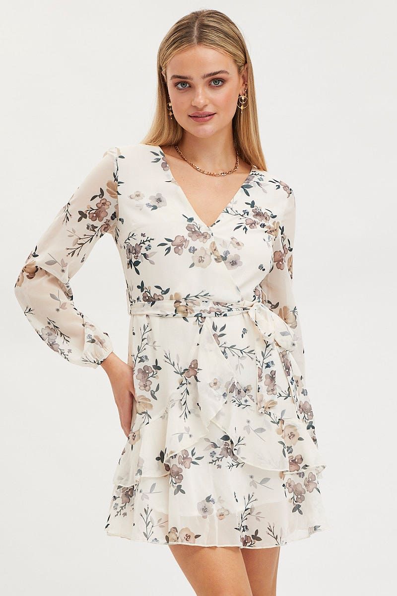 Print Mini Dress Long Sleeve V Neck sold by Ally Fashion