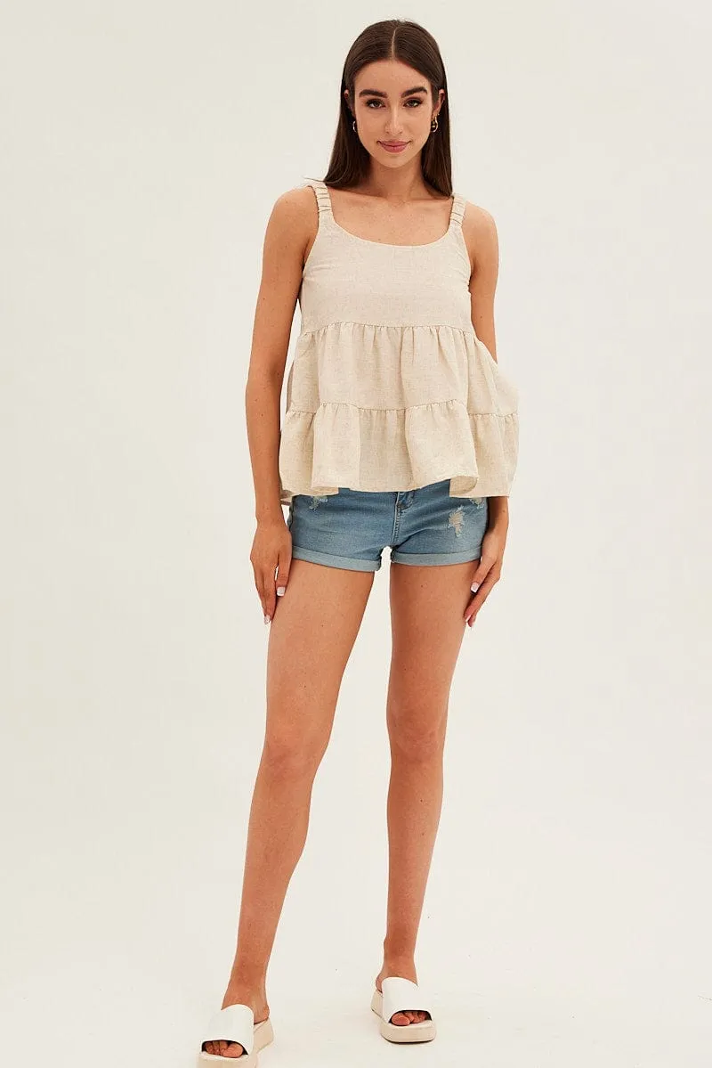 Beige Tiered Top Sleeveless Scoop Neck Linen Blend sold by Ally Fashion product image thumbnail 2