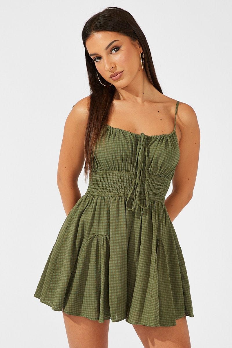 Green Ruffle Playsuit Sleeveless Self Check sold by Ally Fashion