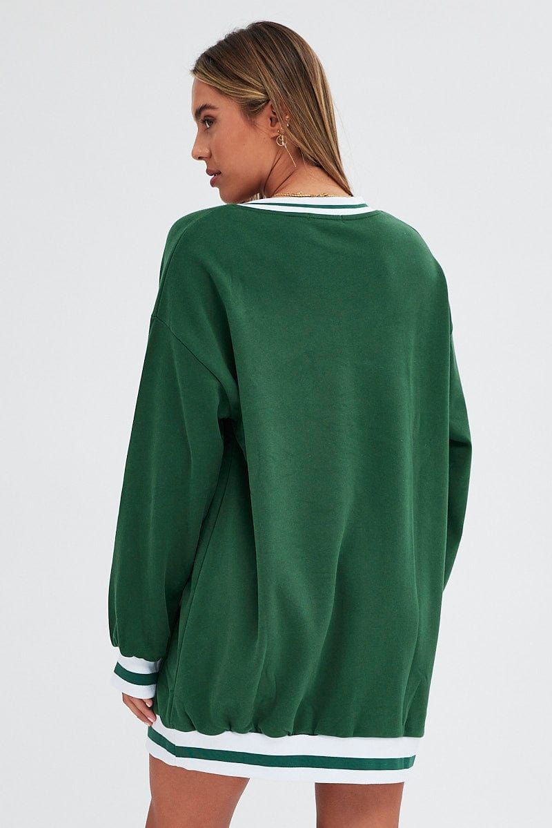 Green Print Varsity Sweater V Neck Stripe Tipping Dress sold by Ally Fashion product image thumbnail 5