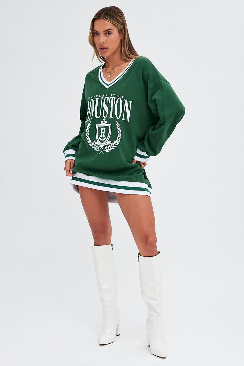 Green Print Varsity Sweater V Neck Stripe Tipping Dress sold by Ally Fashion product image thumbnail 2